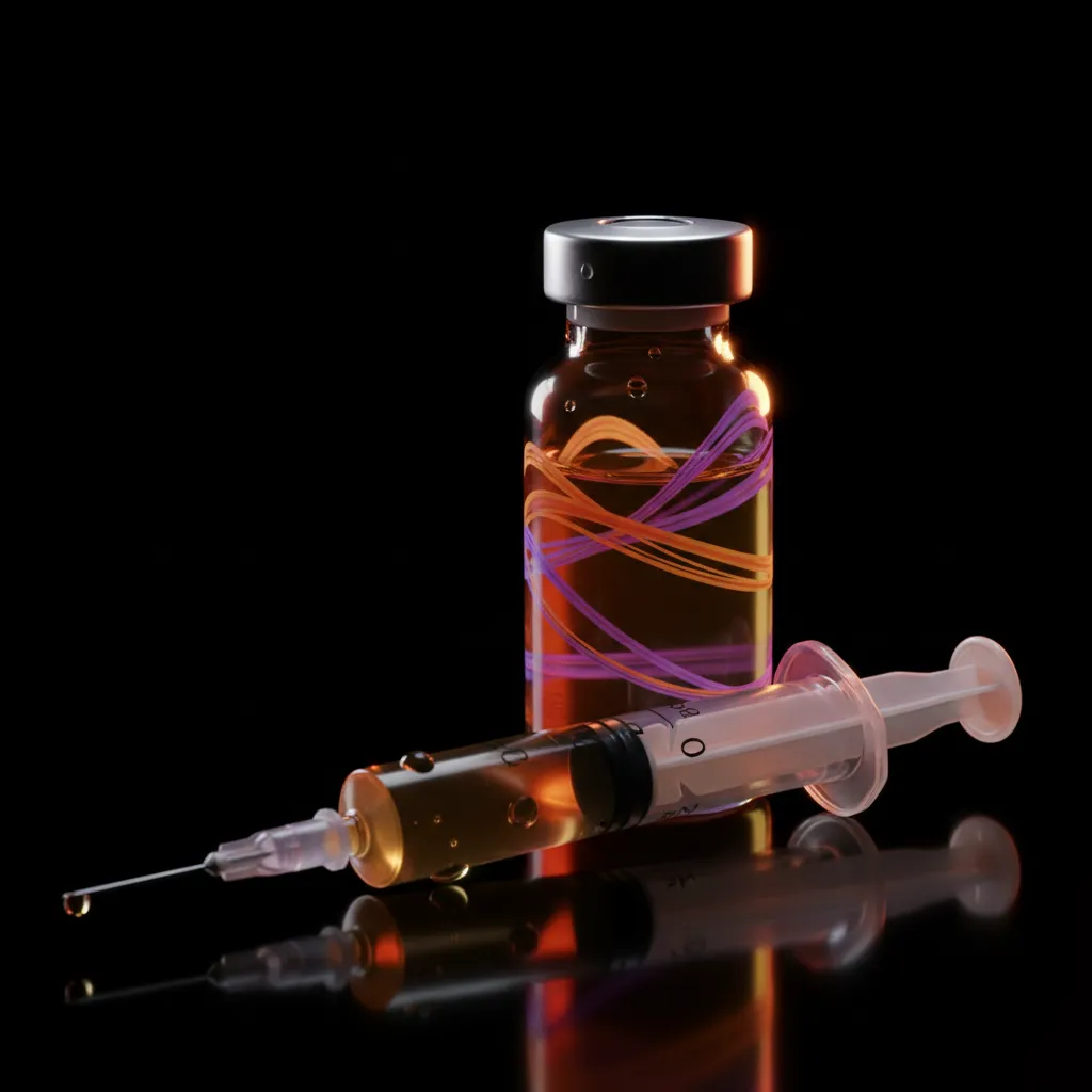 A close-up of a syringe and a vial labeled 'Vitality Peptide' on a dark background, highlighted by orange and purple reflections, symbolizing energy and rejuvenation.