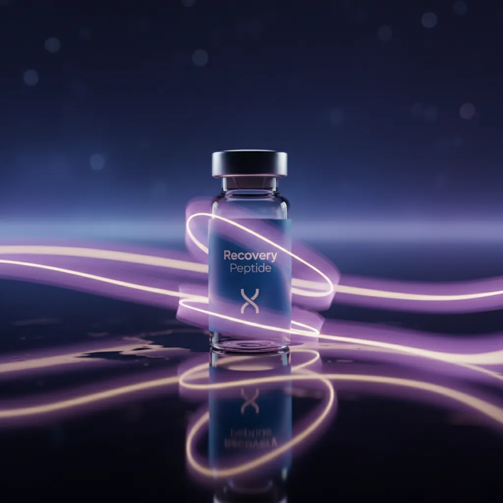 A single glass vial labeled 'Recovery Peptide' on a reflective black surface, surrounded by subtle purple and yellow light streaks, emphasizing purity and advanced formulation.
