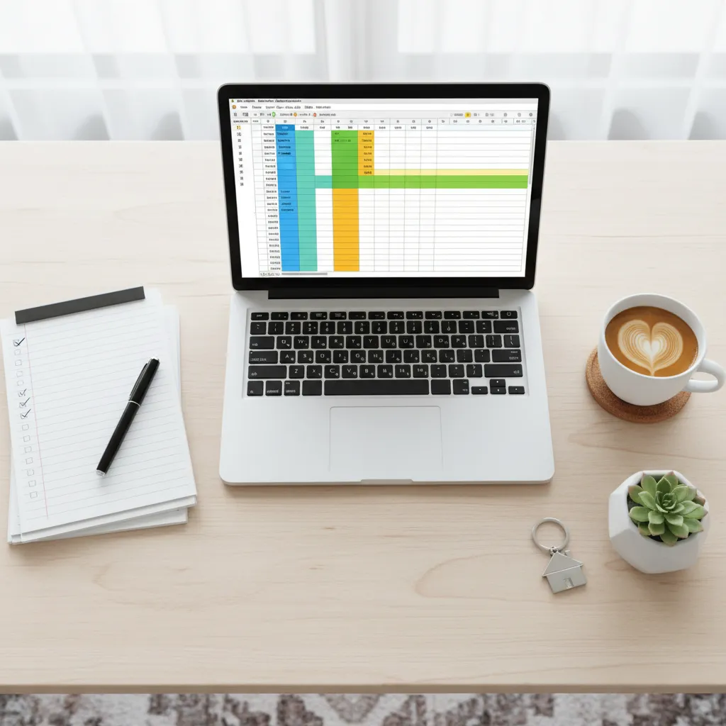 Flat lay of a laptop with colorful Excel spreadsheet, checklists, pen, coffee mug, and rental-themed accents.