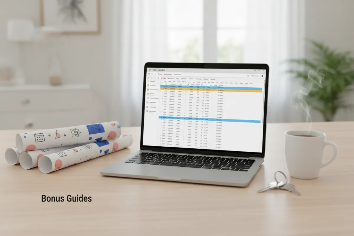 Digital product mockup of the Excel toolkit open on a laptop with printed bonus PDFs, coffee cup, and house keys on a wooden table.
