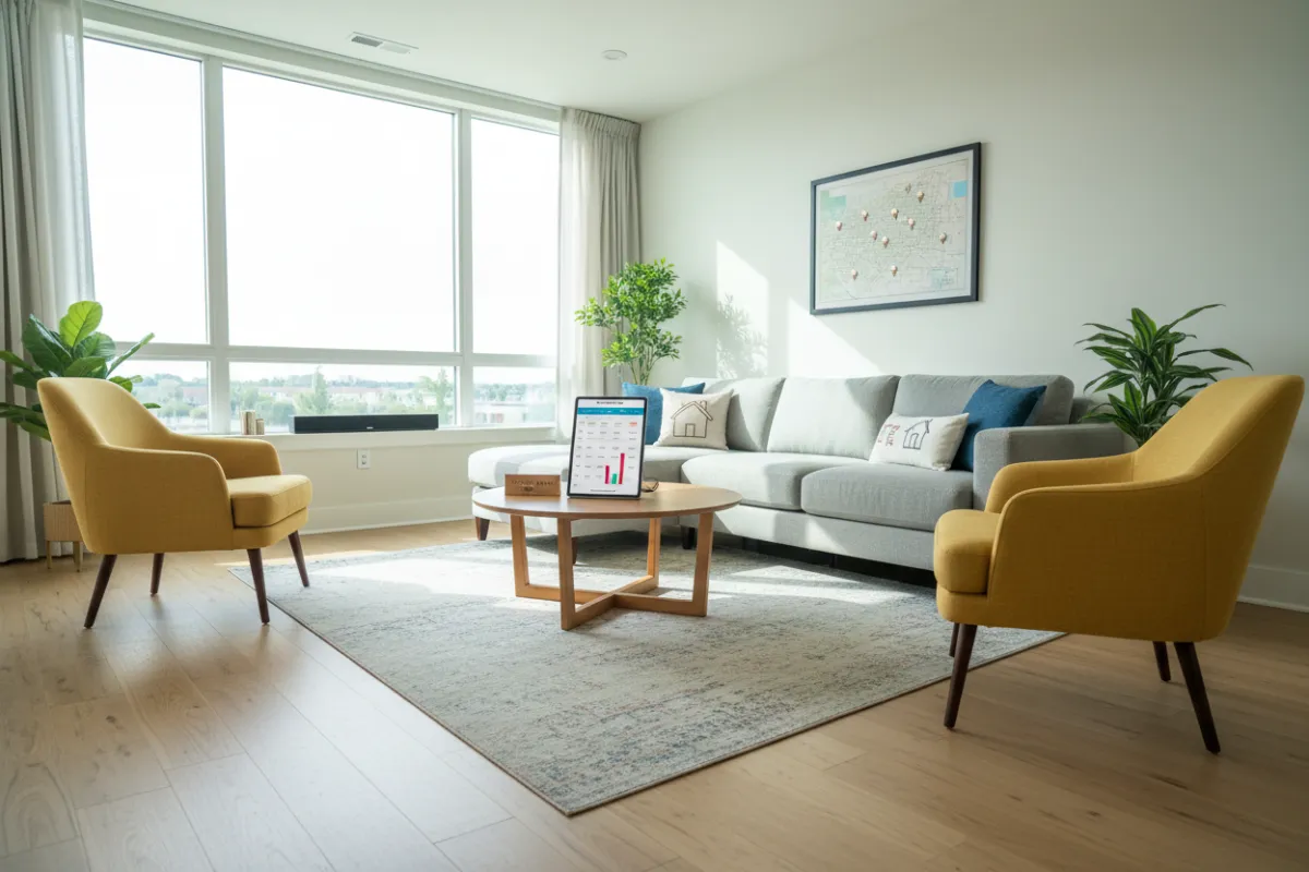 Modern short-term rental living room with toolkit on tablet