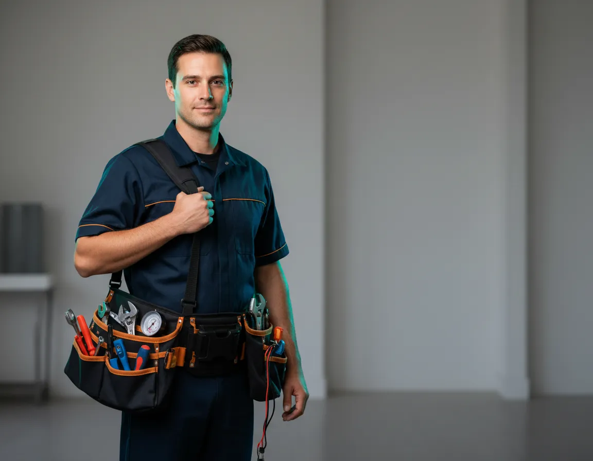 HVAC technician carrying tools, ready to dispatch