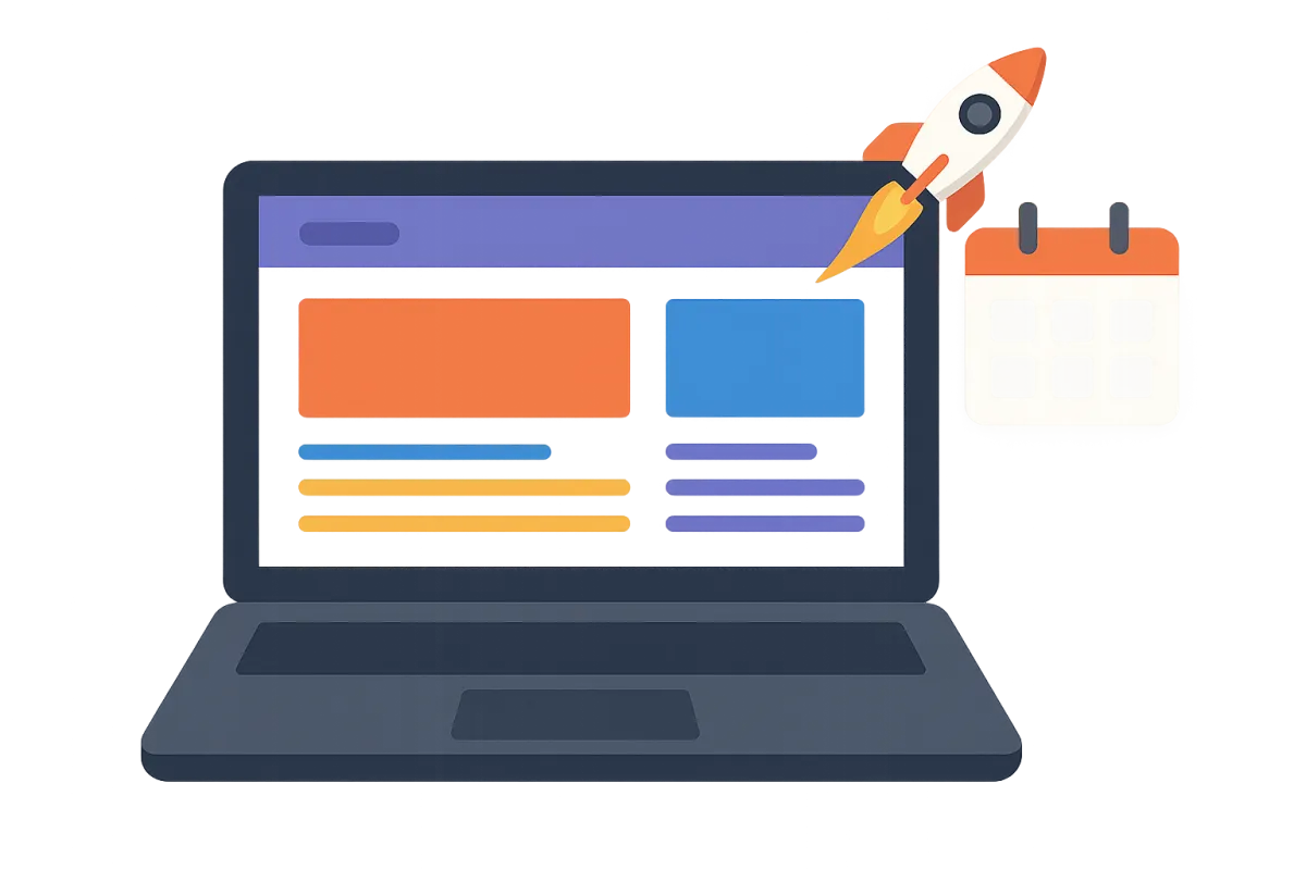 A flat illustration of a laptop with a calendar and a rocket, representing fast website launch.