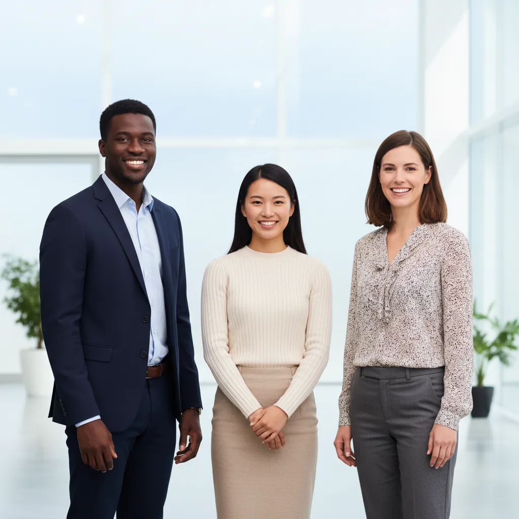 A diverse support team in a bright office, smiling and ready to help, 1:1 aspect ratio
