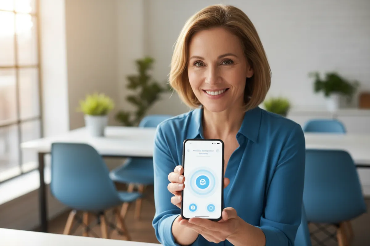 A friendly AI assistant interface on a smartphone, with a local business owner smiling in a sunlit office, modern and approachable, 3:2 aspect ratio