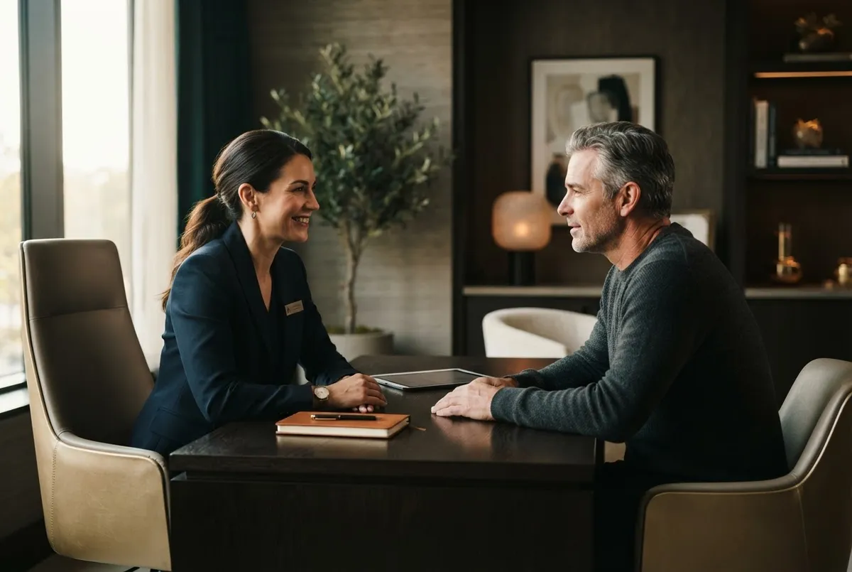 Physician conducting an unhurried, attentive consultation in a modern private suite