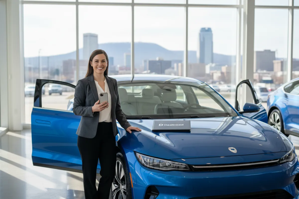 A professional woman in business attire stands beside a sleek, new electric car in a modern dealership showroom, sunlight streaming through large windows. She smiles confidently while holding a smartphone, with a DealInked-branded folder on the car roof. The background features clean lines and a subtle Chattanooga skyline visible through the glass.