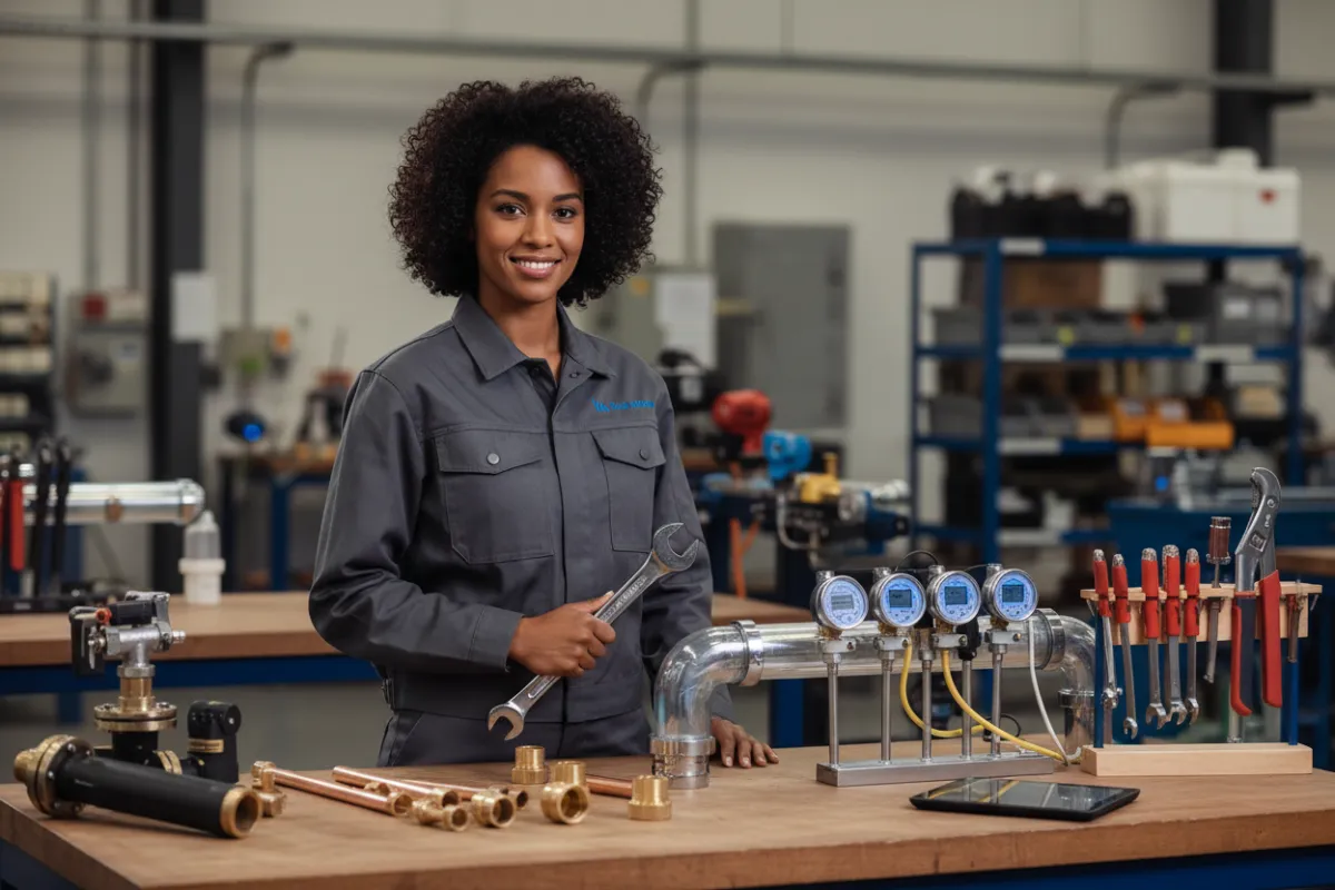 Modern plumbing equipment arranged on a workbench, including copper pipes, fittings, and digital gauges, with a blurred industrial background. The image features a diverse team member in branded workwear, emphasizing reliability and professionalism.