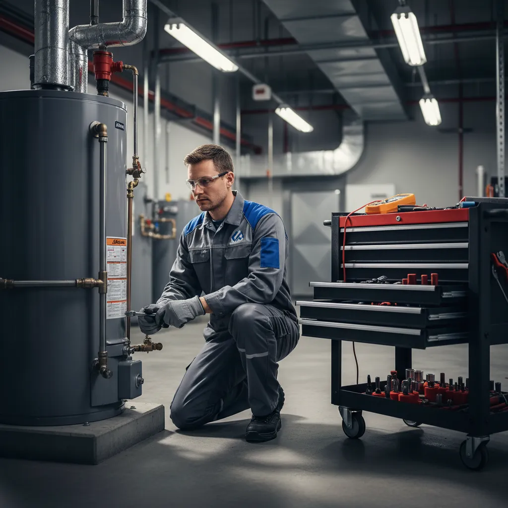 A professional service technician in branded uniform performing maintenance on a commercial water heater in a well-lit mechanical room, with tools neatly organized nearby. The technician is focused and attentive, representing expert ongoing support.