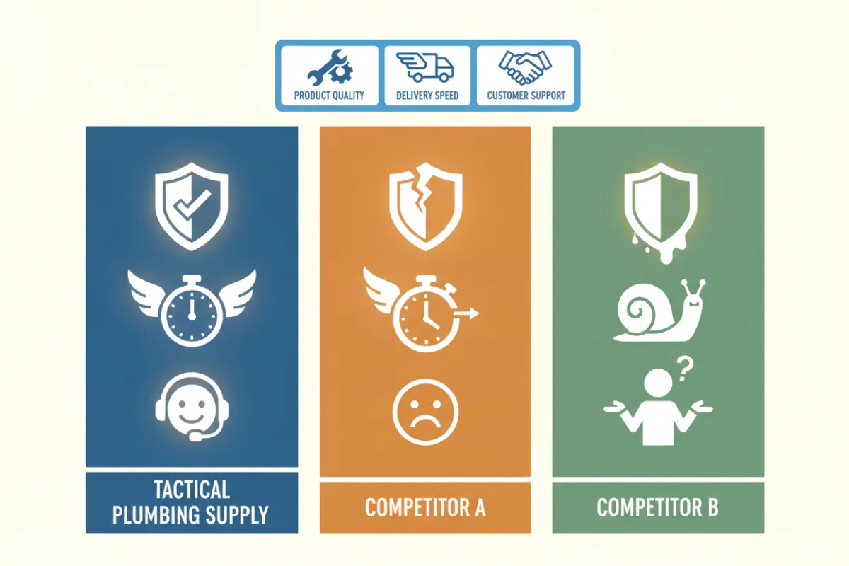 A side-by-side comparison chart showing Tactical Plumbing Supply outperforming competitors in product quality, delivery speed, and customer support. The chart uses bold colors and clear icons for easy visual reference.