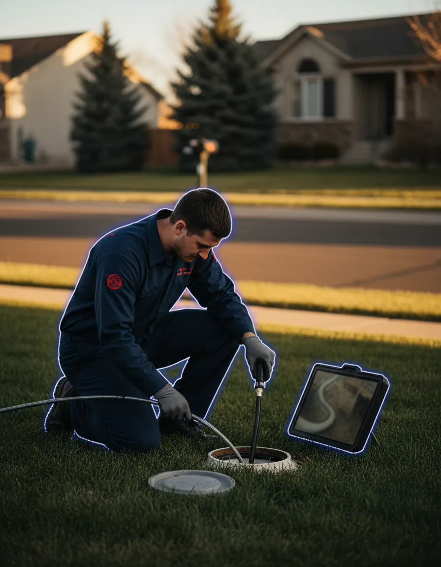 Professional plumbing inspection of tree root intrusion in a sewer line