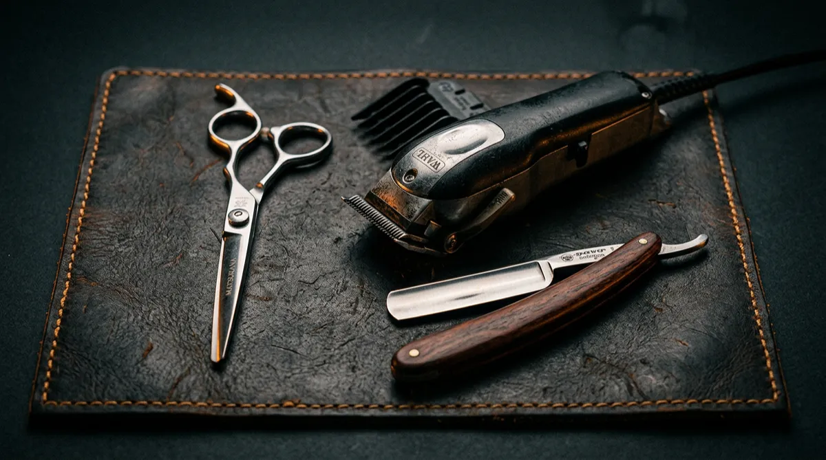Professional barber shears, clippers, and straight razor set on dark leather surface