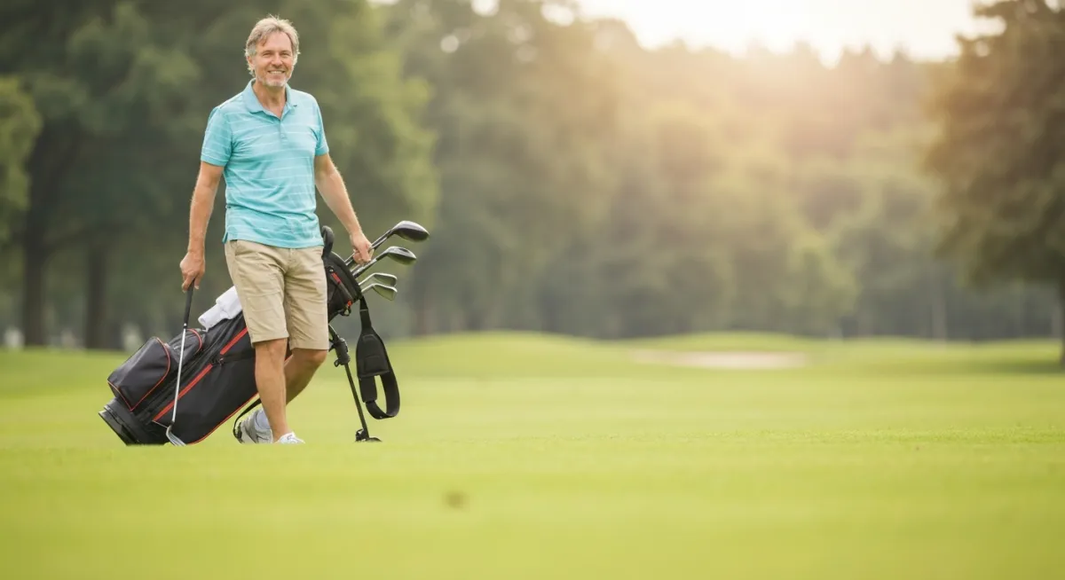 Adult age 55+ golfing/walking on a golf course, subtle knee discomfort
