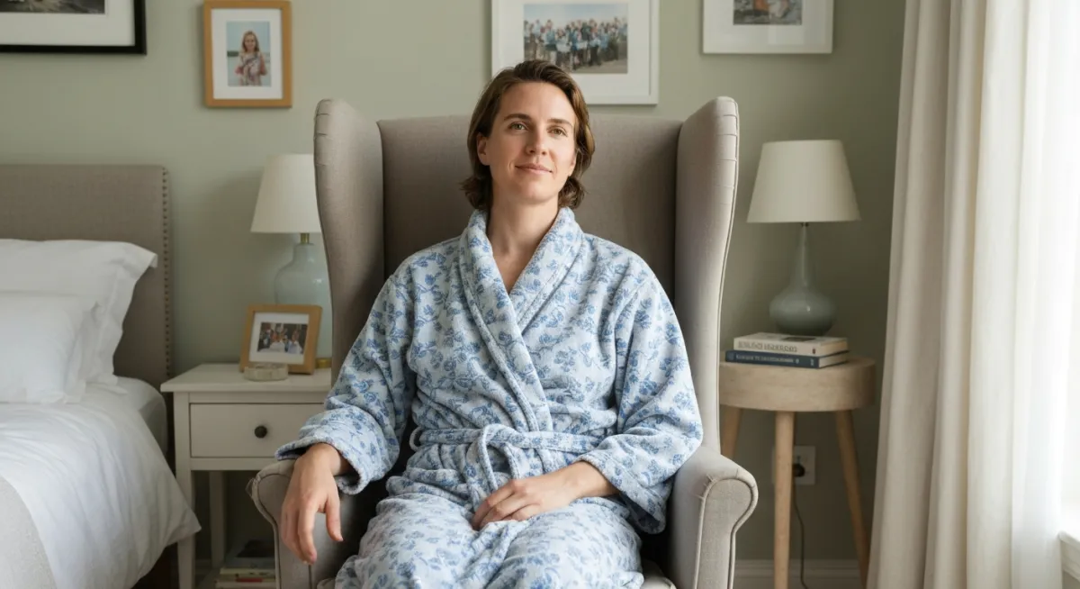Adult age 55+ rising from a chair in a modern home, landscape framing