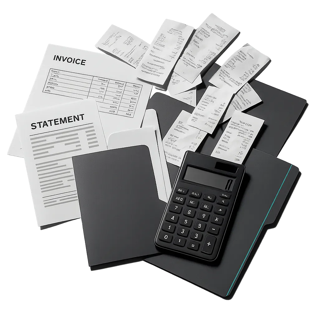 Stressed person dealing with disorganized financial paperwork