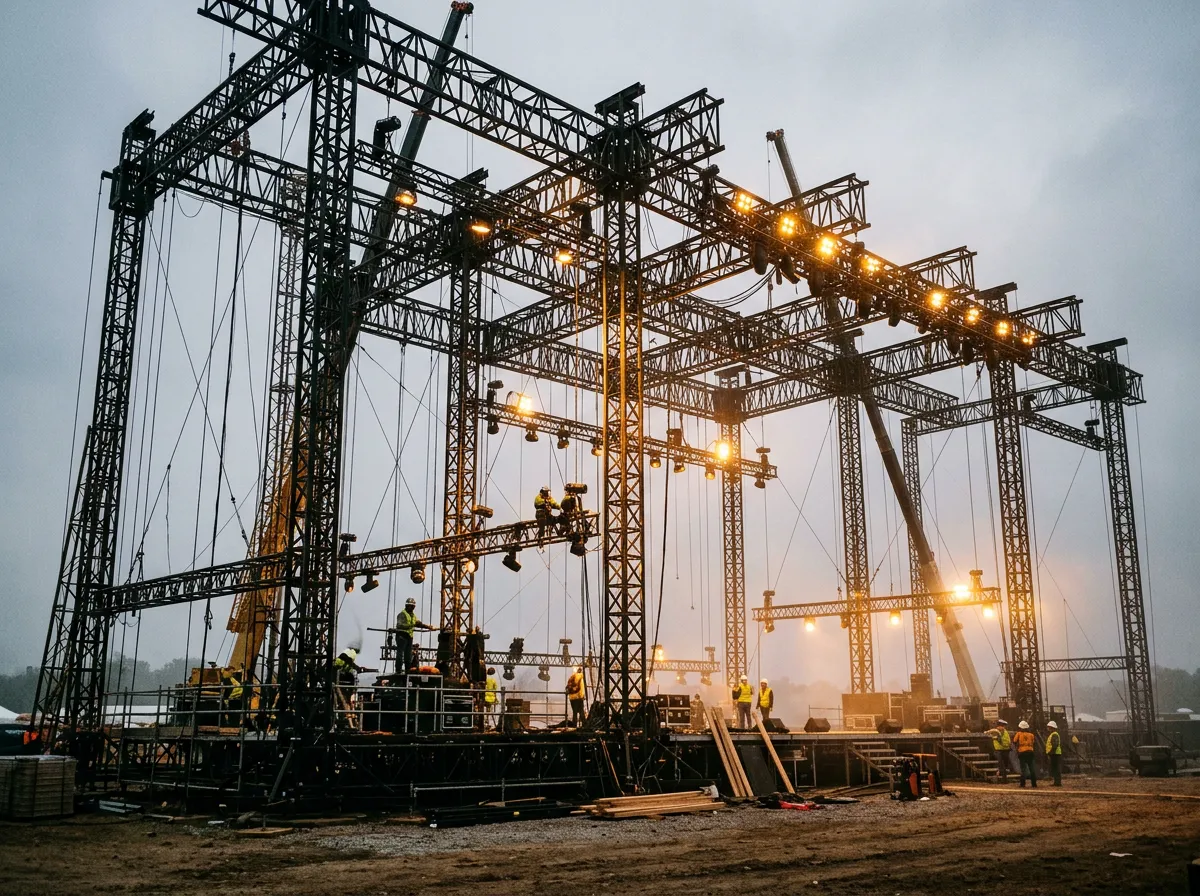 Heavy concert stage trussing, rigging and industrial load-in production setup