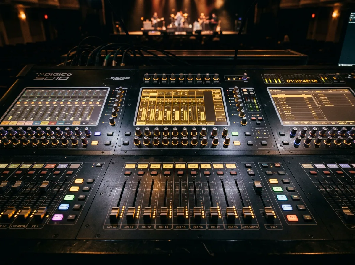 Front of house audio lighting console command center with timecode synchronization displays