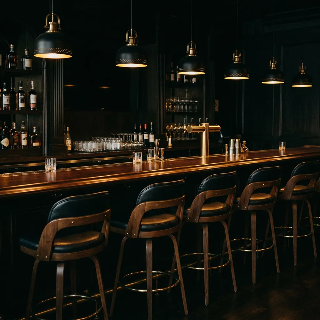 Dimly lit, atmospheric empty luxury venue with vacant bar stools highlighting the pain of low engagement