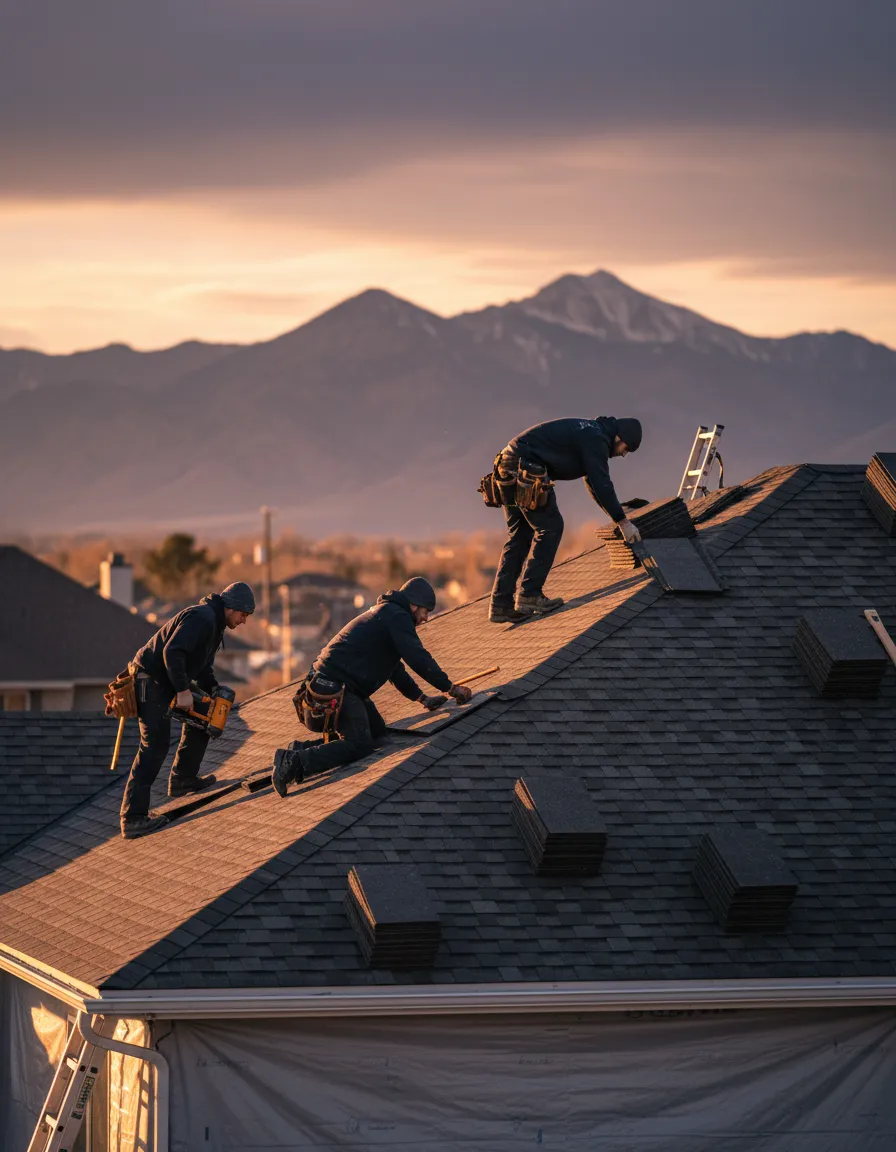 Roofing crew working on a Utah neighborhood home