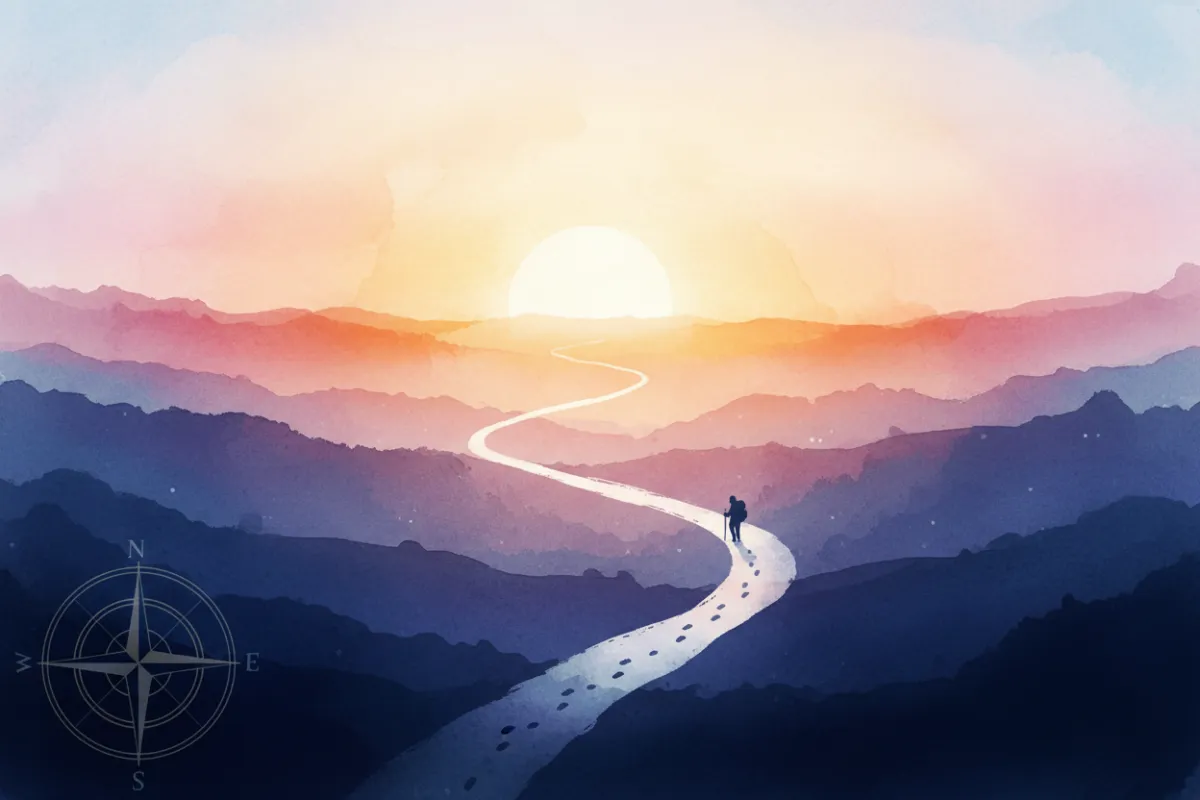 Calm, hopeful watercolor illustration: winding path to a warm horizon with subtle traveler silhouette and compass motif [ADMIN NOTE: Verify media library upload — source: https://storage.googleapis.com/funnel-ai-production/image-generation/SaEg6sElku2Kx6GZxkHp/imgJourney_8f3k]