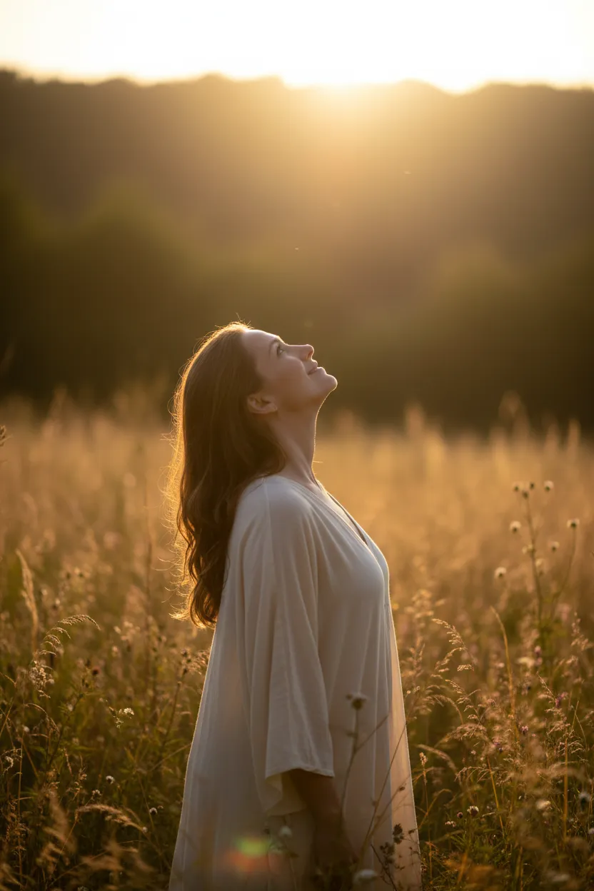 Person gazing upward in soft golden light, standing in nature — symbolizing faith in their divine path. [ADMIN NOTE: Verify media library upload — source: https://storage.googleapis.com/funnel-ai-production/image-generation/SaEg6sElku2Kx6GZxkHp/nY3k2fQ1]