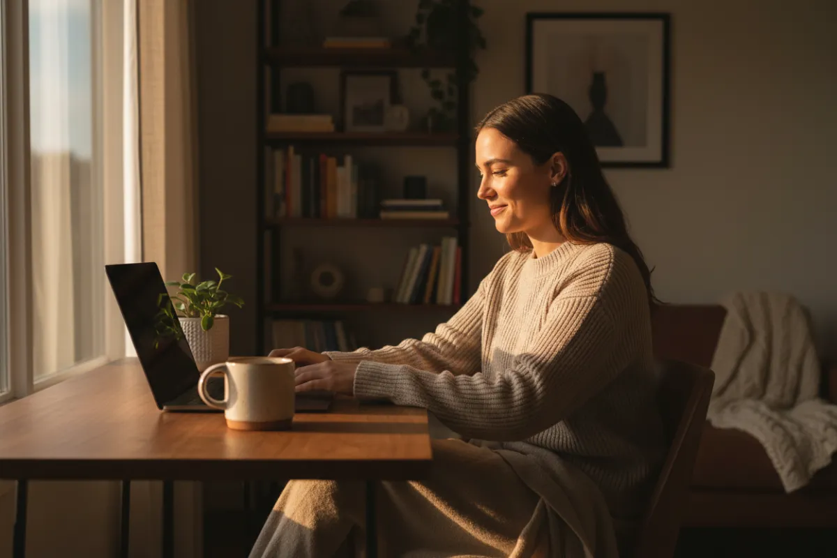 Photorealistic lifestyle photo of a person working in a calm, creative home setting with warm natural light; composition leaves space for centered overlay reading 'working from your soul' (lowercase).