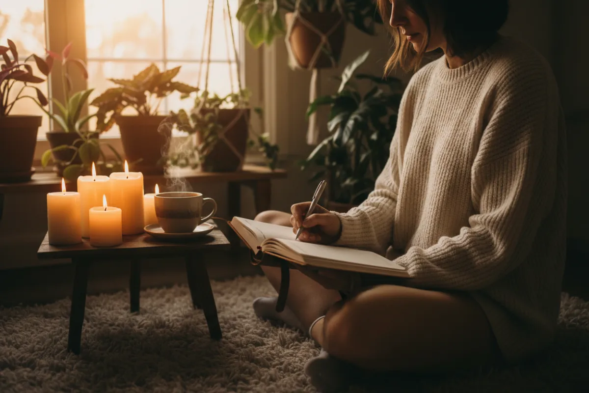 Daily soulful practice: journaling with candle and tea for personal transformation