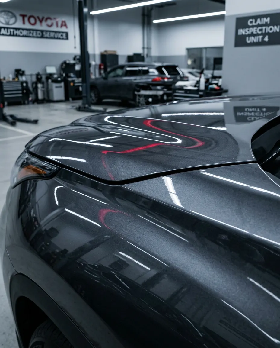 Detailed inspection of polished Toyota vehicle exterior during authorized claim assessment