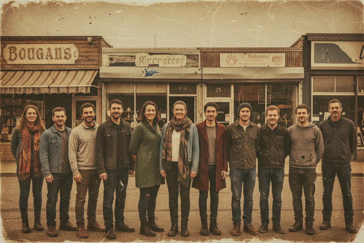 A distressed, grunge-style group photo of diverse small business owners standing together in front of their shops, smiling confidently. The image features warm, neutral tones and visible texture, conveying trust and community. 3:2 aspect ratio.