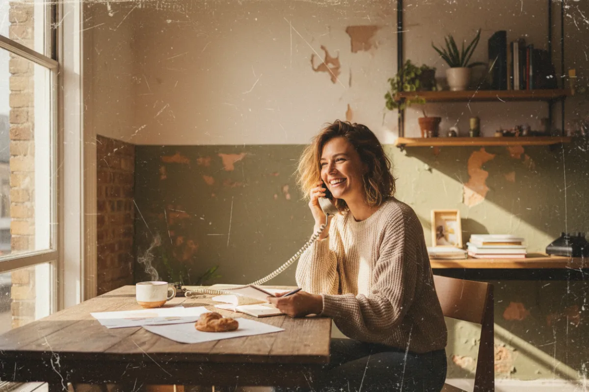 A grunge-styled, distressed photo of a cheerful small business owner in a cozy, sunlit workspace, talking on the phone with a notepad in hand. The background features warm neutral tones and subtle texture, evoking a welcoming, approachable atmosphere. 3:2 aspect ratio.