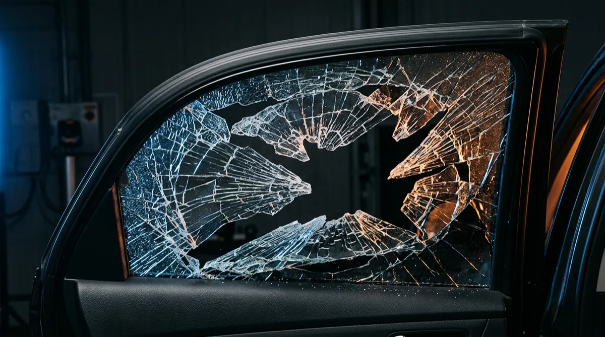 Shattered standard automotive glass collapsed inward after a single blunt impact