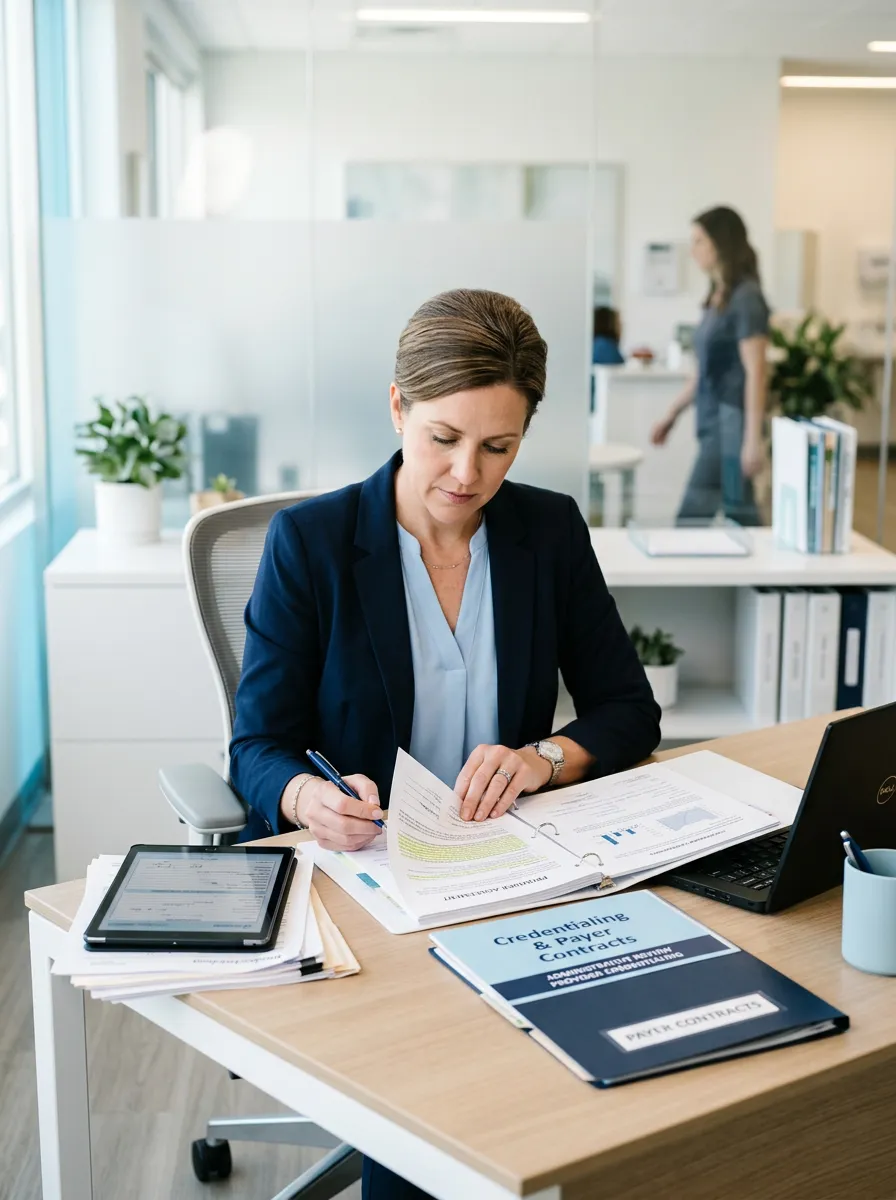 Clinical healthcare executive reviewing credentialing documentation and payer contracts with absolute precision