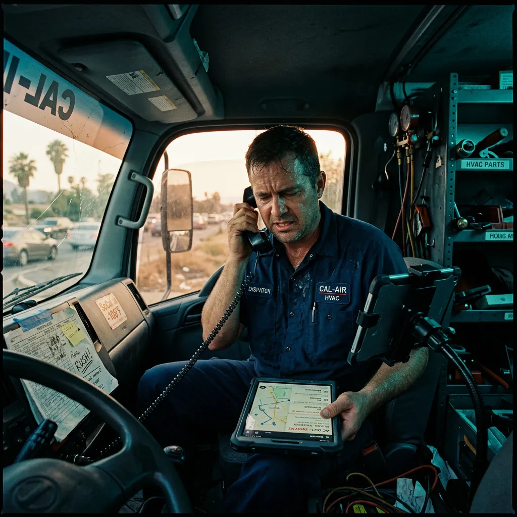 Stressed HVAC technician dispatch truck interior during an intense Inland Empire heatwave