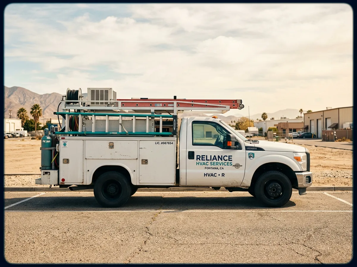 Ray T HVAC service truck parked in Fontana CA during high heat season