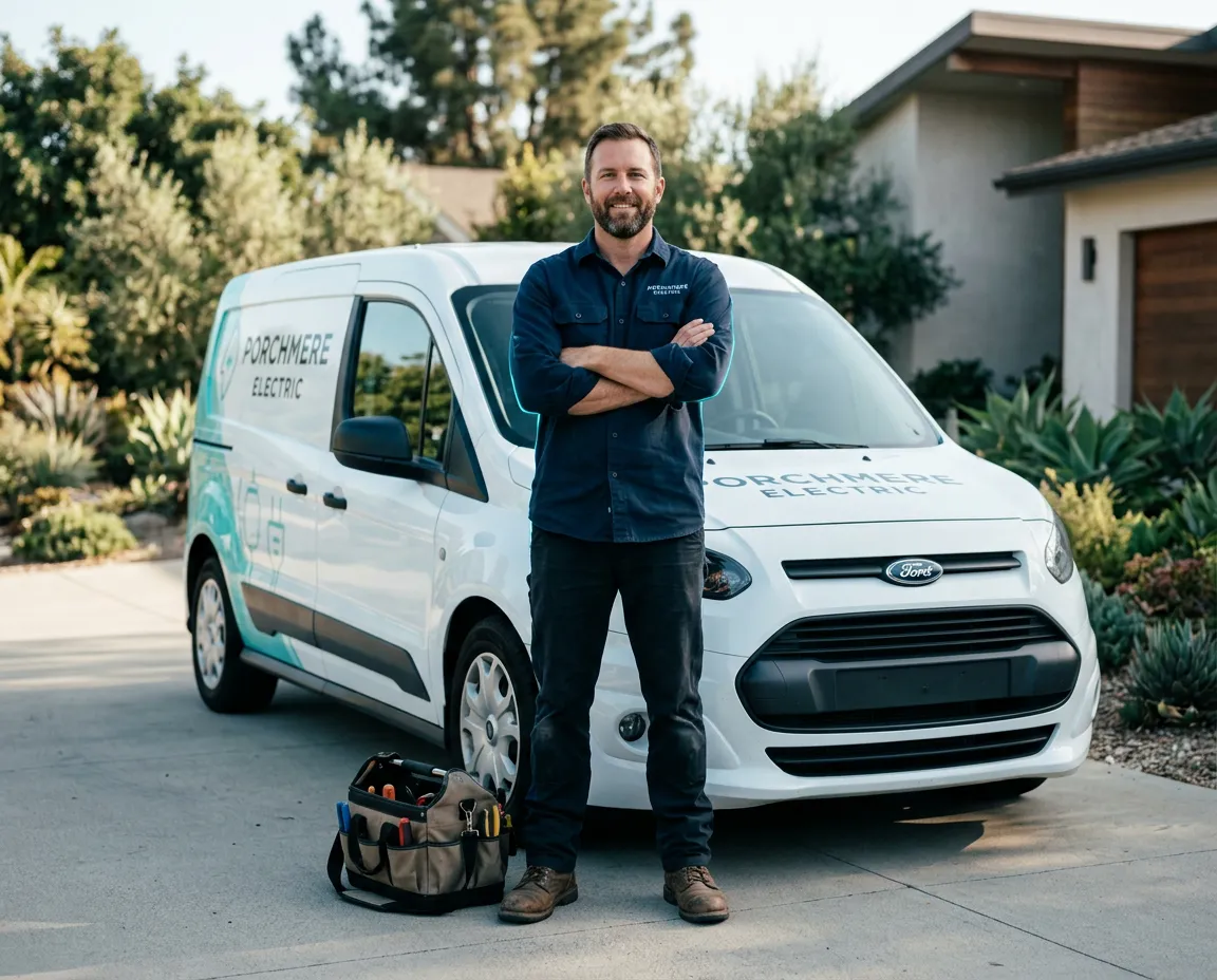 Carlos M. standing by his outfitted electrical service van in Anaheim California