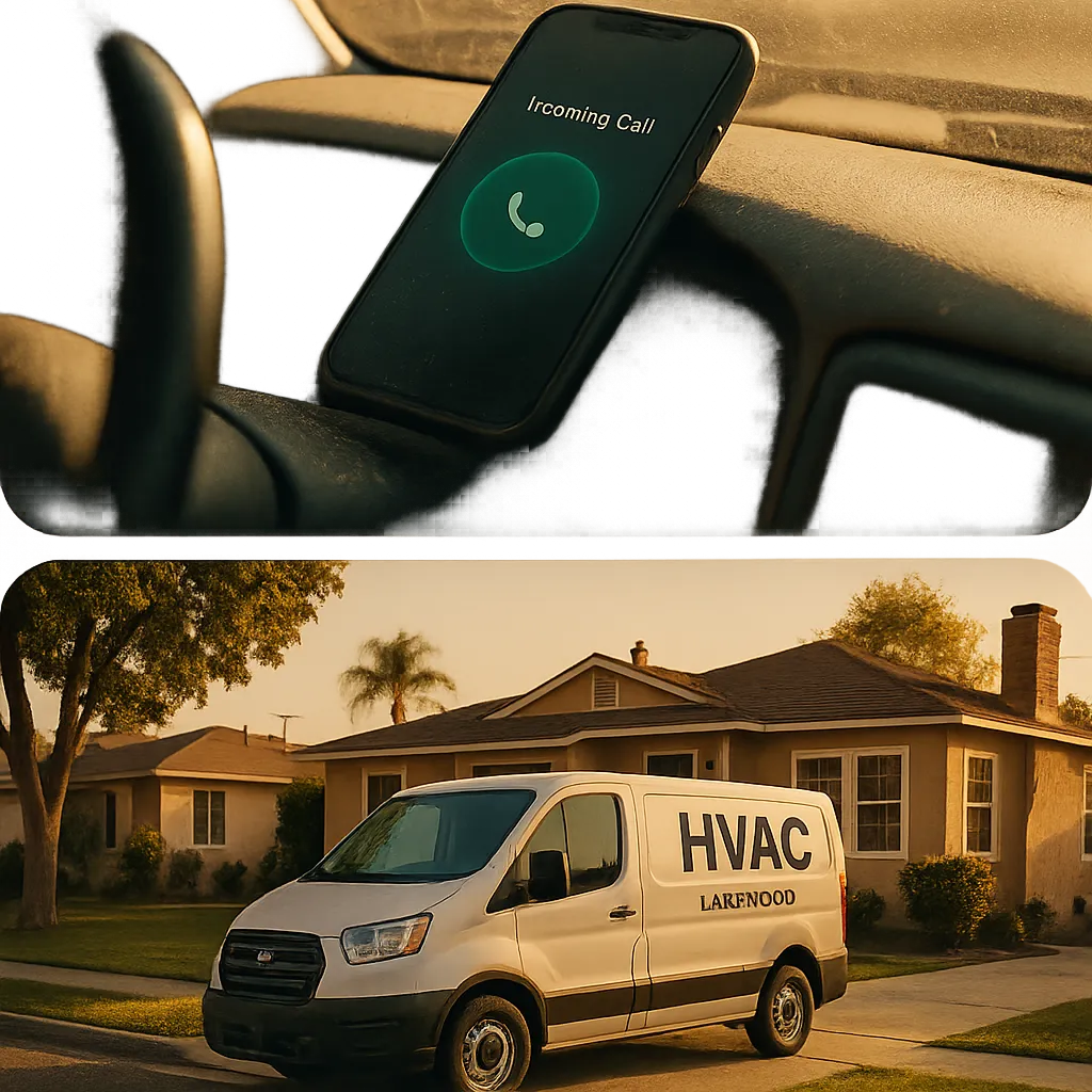 Composite visualization of a contractor working on site with unanswered emergency homeowner calls accumulating on a smartphone screen