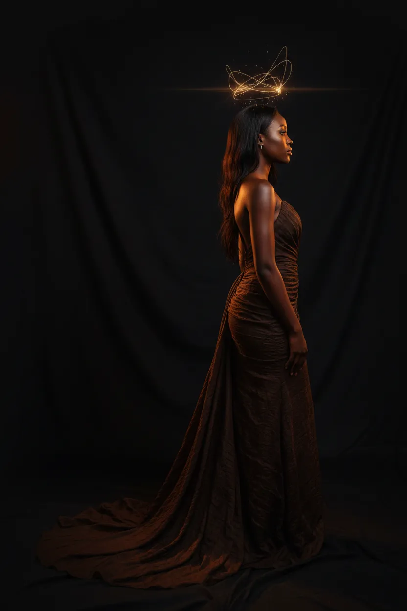 A striking editorial portrait representing Ebony Amaretto heritage