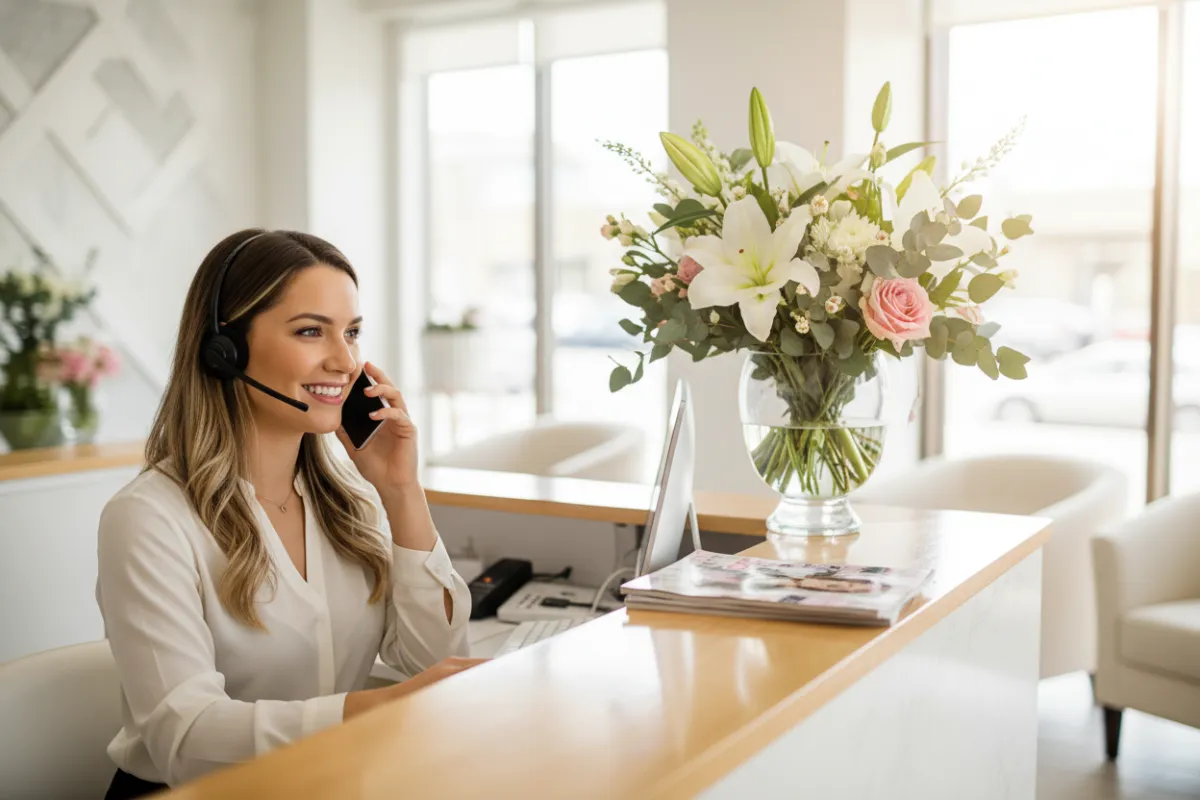 A friendly salon receptionist with a headset, smiling as she assists a client over the phone. The reception area is bright, with fresh flowers and a welcoming atmosphere, reflecting attentive customer service. 3:2 aspect ratio.