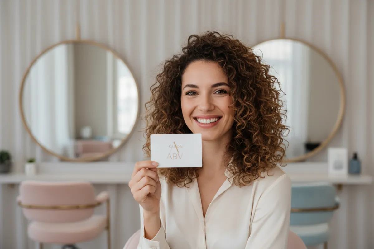 A confident woman with natural curls, smiling as she holds a Salon ABV gift card in a modern, softly lit salon interior. The background features elegant mirrors and pastel decor, evoking a sense of luxury and anticipation for a beauty experience. 3:2 aspect ratio.