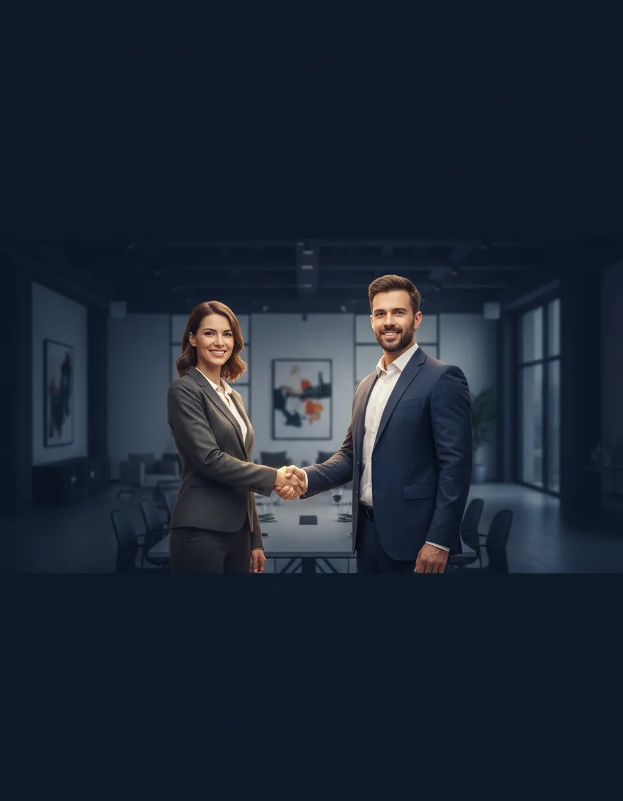 Professional real estate advisors shaking hands in an office