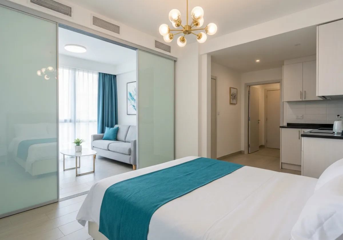 Interior photo of a bright, modern studio apartment