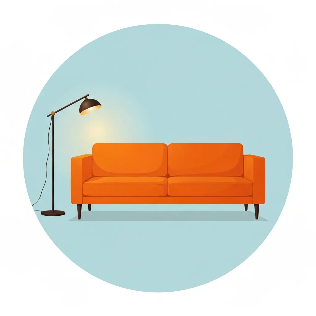 Illustration of an orange sofa and a floor lamp inside a light blue circle