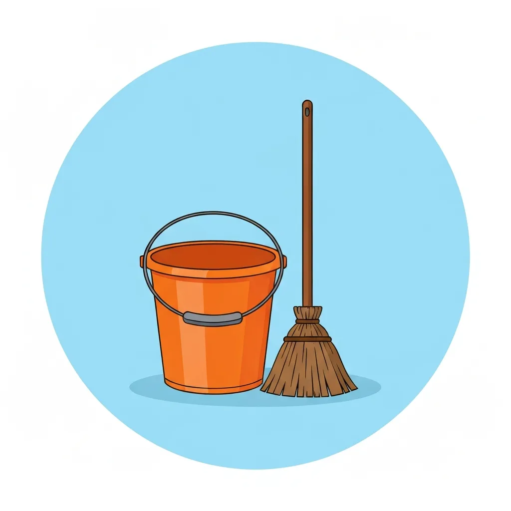 Illustration of an orange bucket and broom inside a light blue circle