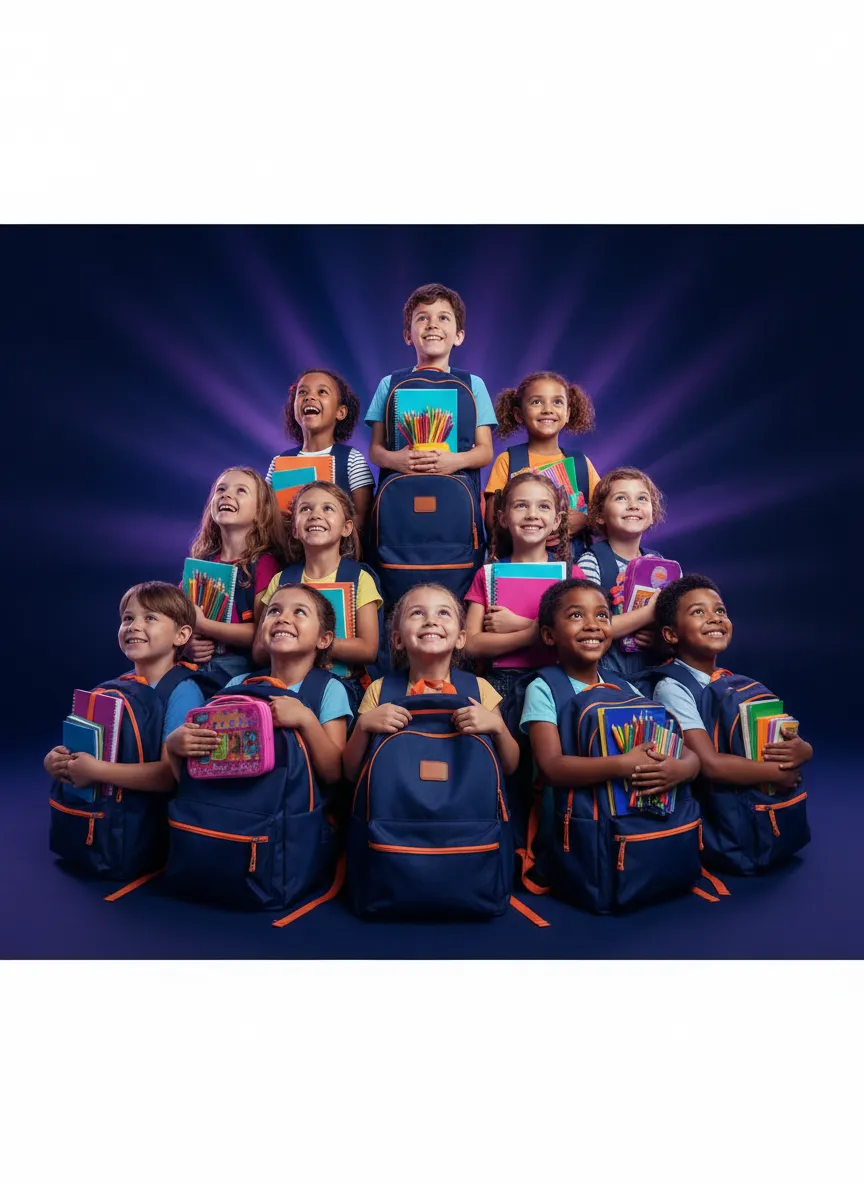 Excited children wearing backpacks, ready for the school year