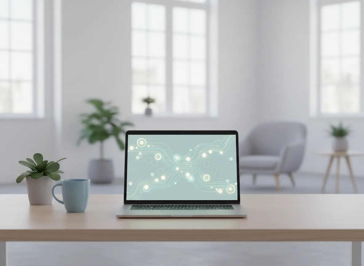 Calm workspace showing AI automations running in the background