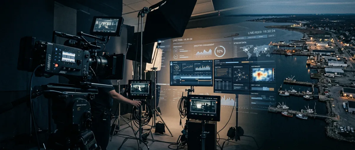 Cinematic composite showcase of production studio gear, abstract creative analytics displays, and New Bedford waterfront coastal texture