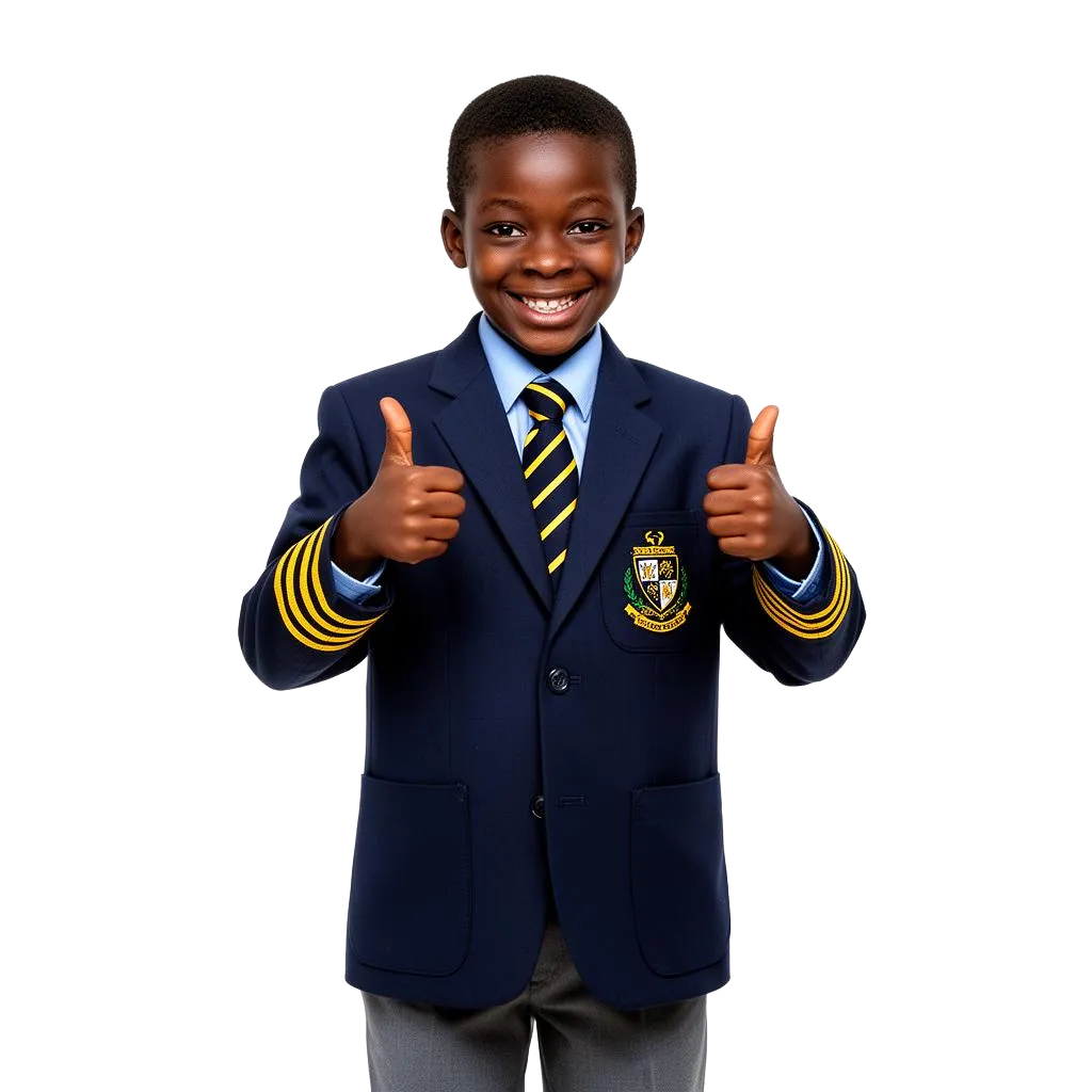Confident schoolboy in uniform giving thumbs up