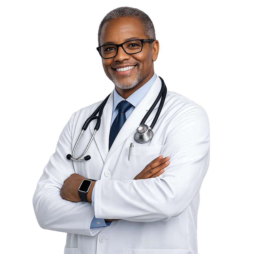 Smiling doctor with stethoscope and arms crossed