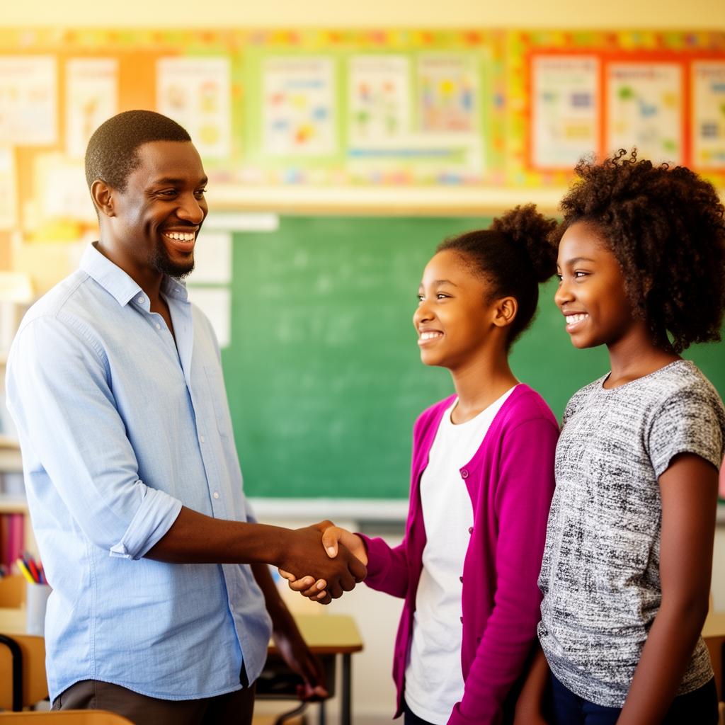 Teacher warmly greeting two students in a vibrant classroom