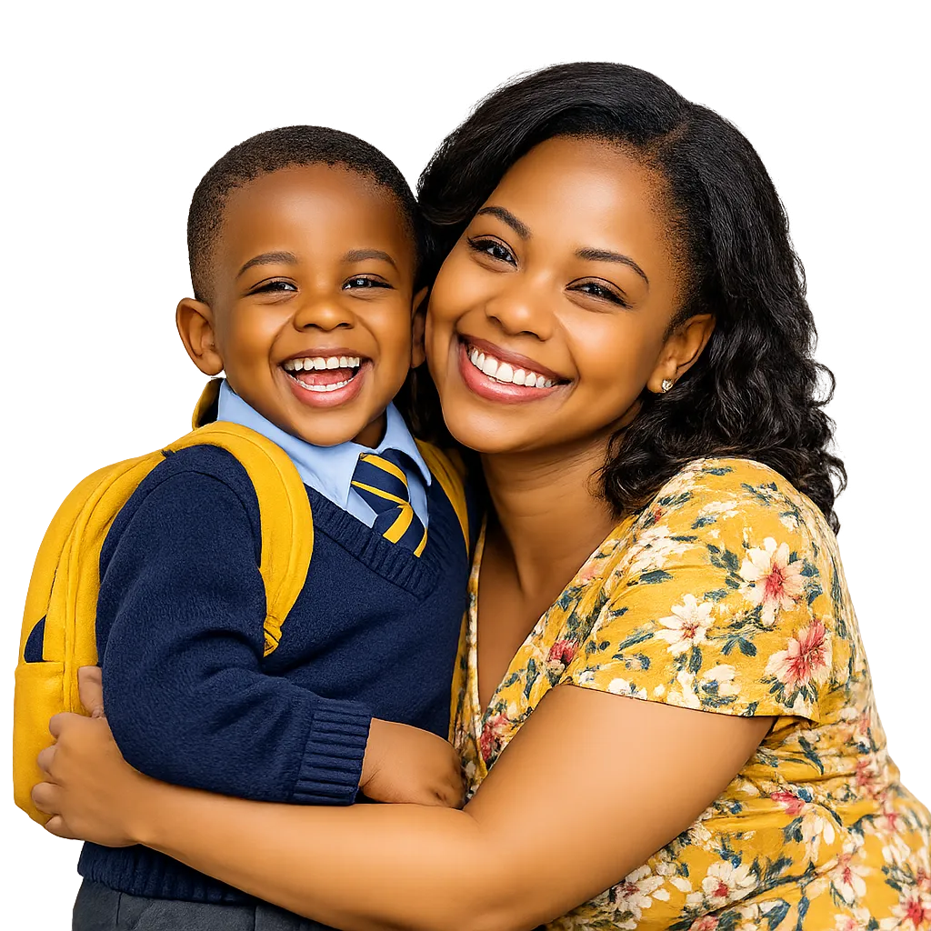 Smiling mother hugging her son in school uniform